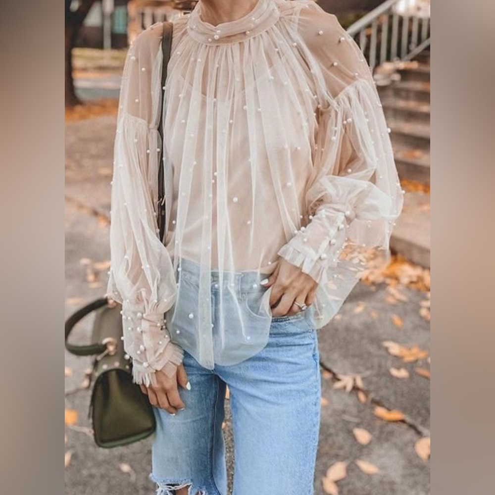 Elegant Sheer Pearl-Embellished Blouse